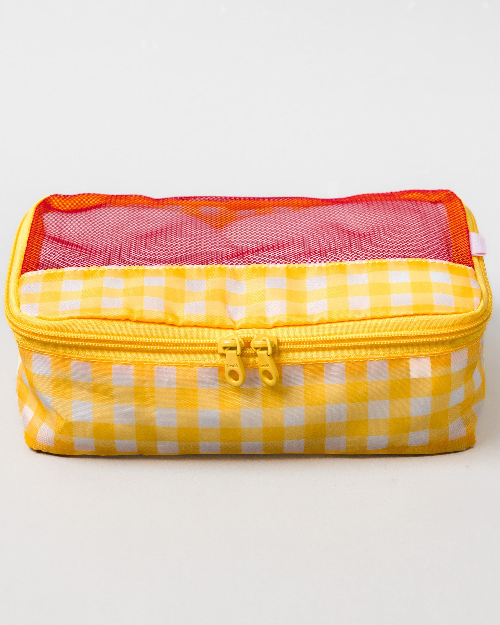 A yellow and white gingham zippered pouch with a pink mesh top window, shown on a clean white background.