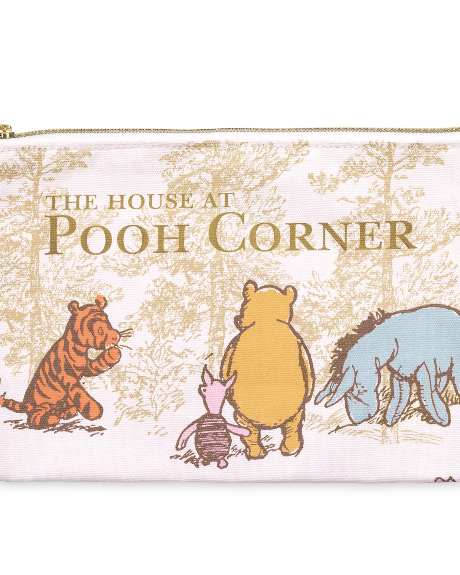Pouch with illustrations of Winnie the Pooh and friends from 'The House at Pooh Corner' on a white background.