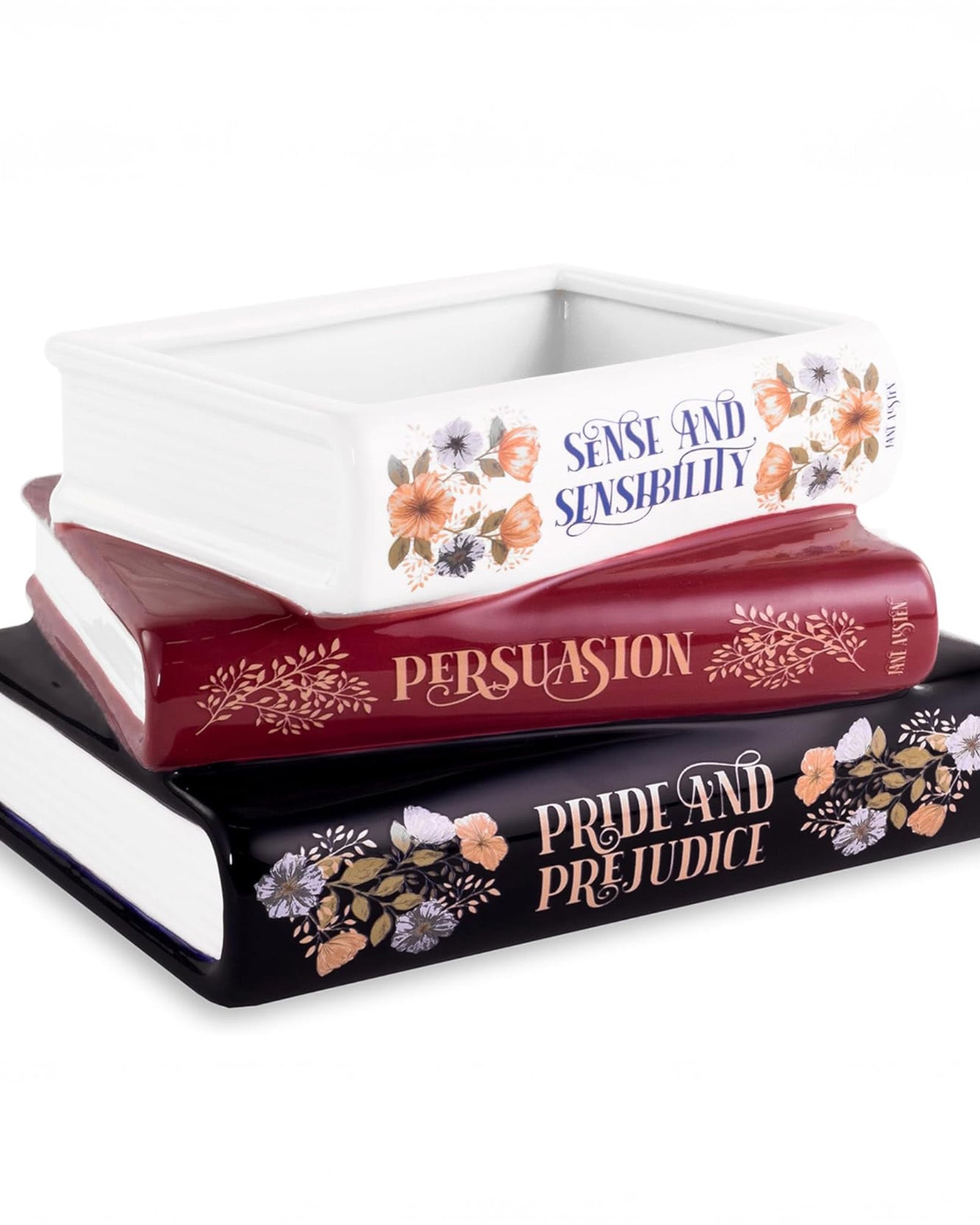 Stack of books with 'Pride and Prejudice' on a white background