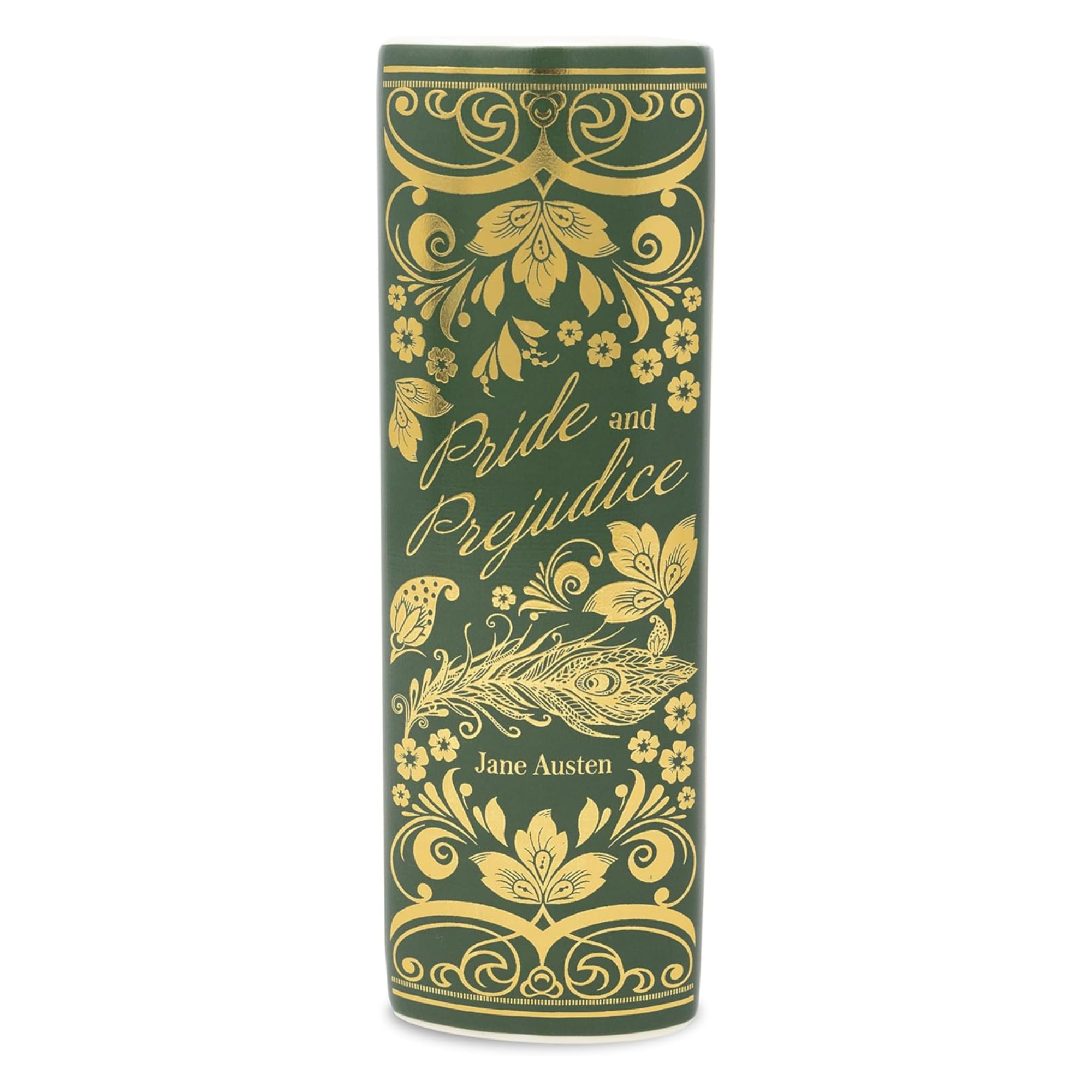 Book titled 'Pride and Prejudice' by Jane Austen with decorative green and gold cover on a white background