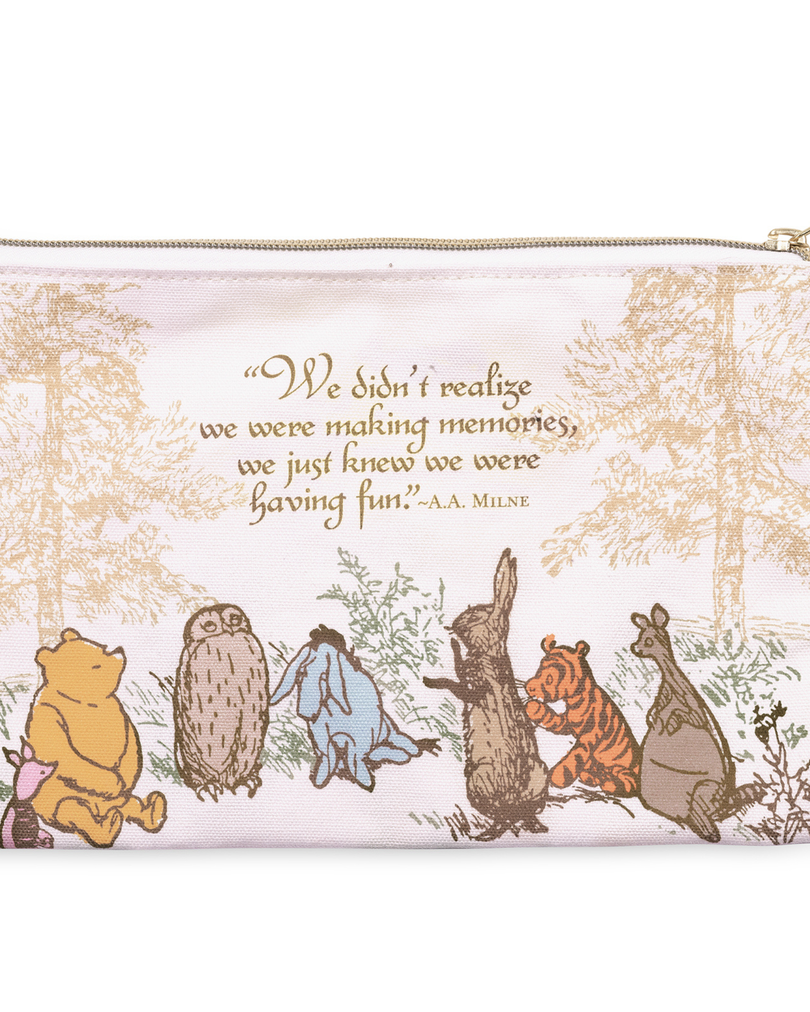 Pouch with Winnie the Pooh and friends design and quote on a white background