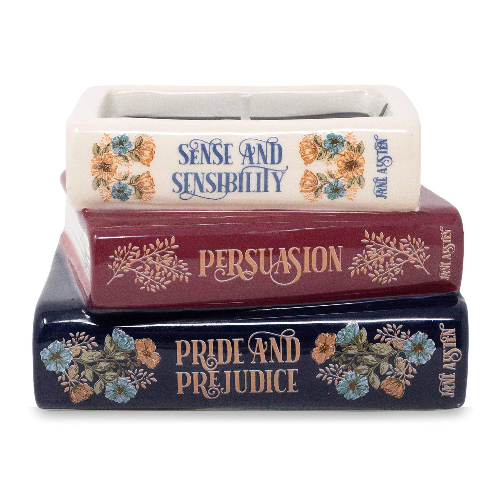Stack of books titled 'Sense and Sensibility', 'Persuasion', and 'Pride and Prejudice' with decorative covers on a white background.