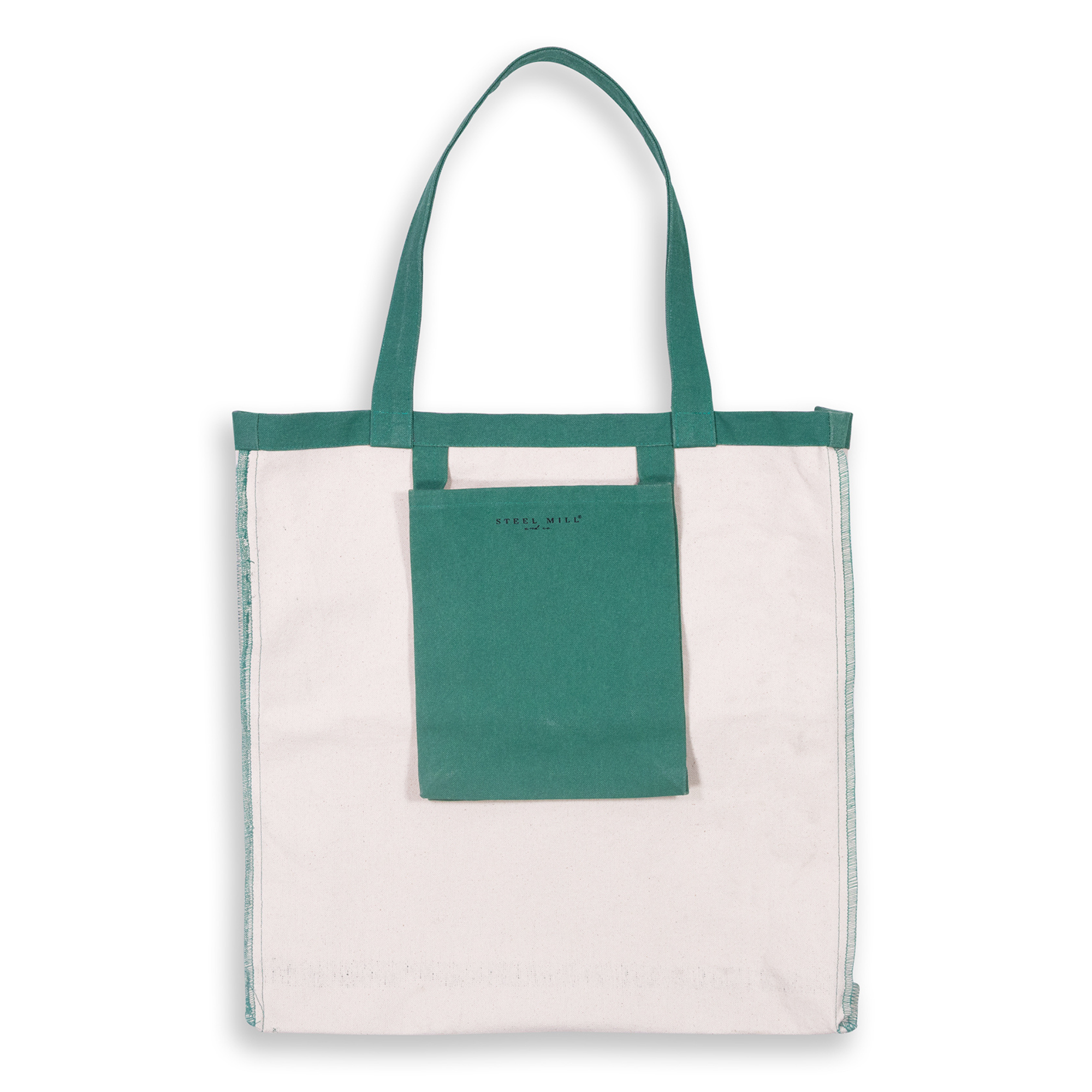 Tote bag with green top section and beige bottom section on a white background