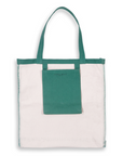 Tote bag with green top section and beige bottom section on a white background