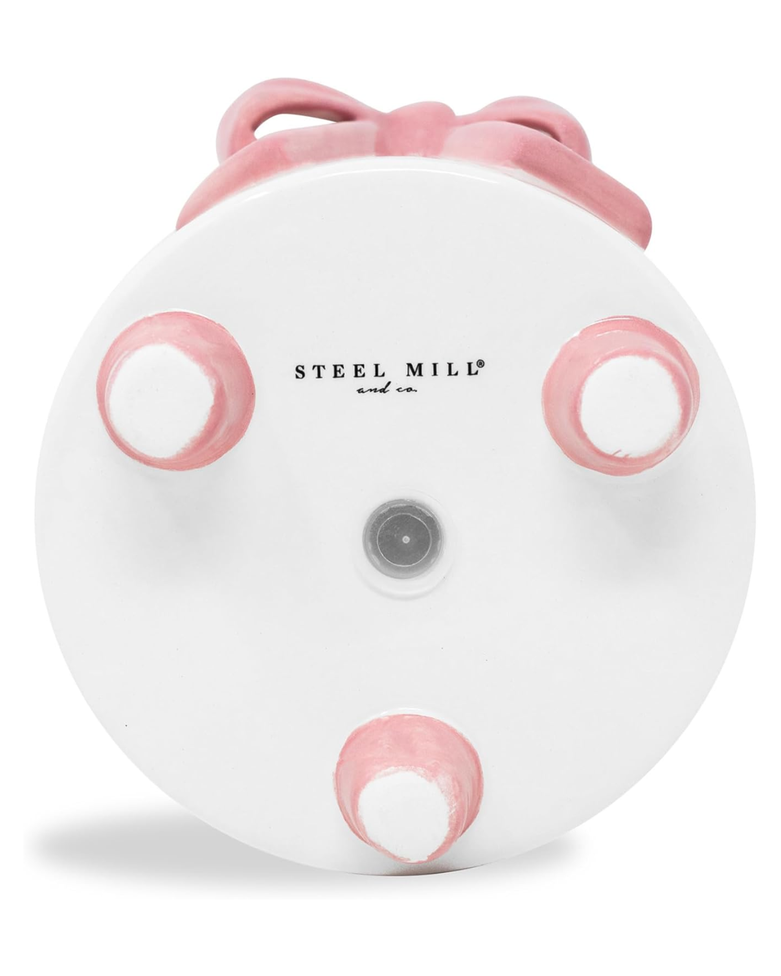 Round white object with pink accents and 'Steel Mill' branding on a white background