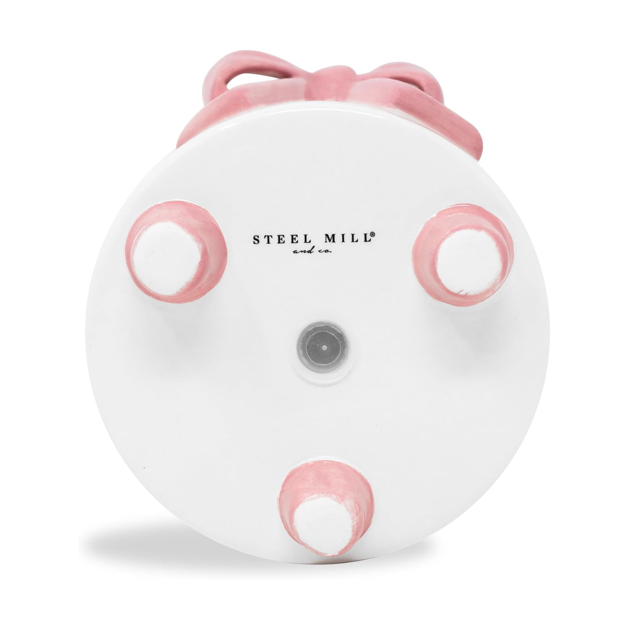 Round white object with pink accents and 'Steel Mill' branding on a white background