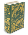 Decorative book-shaped vase with 'Pride and Prejudice' design on a white background