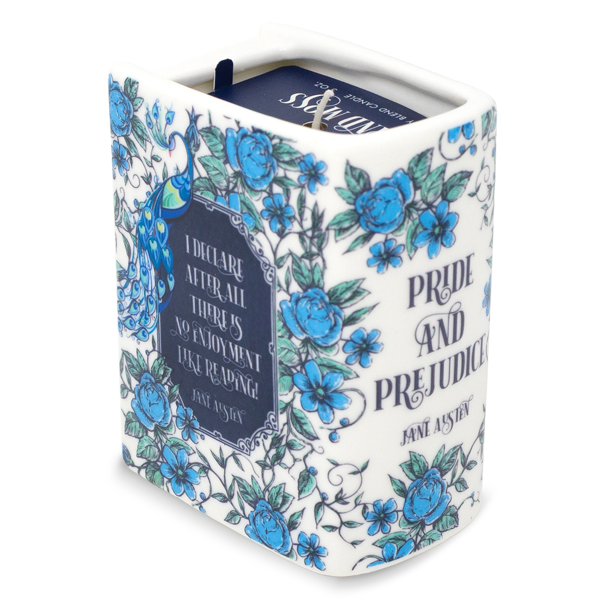Book-shaped candle with 'Pride and Prejudice' design on a white background