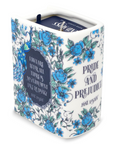 Book-shaped candle with 'Pride and Prejudice' design on a white background
