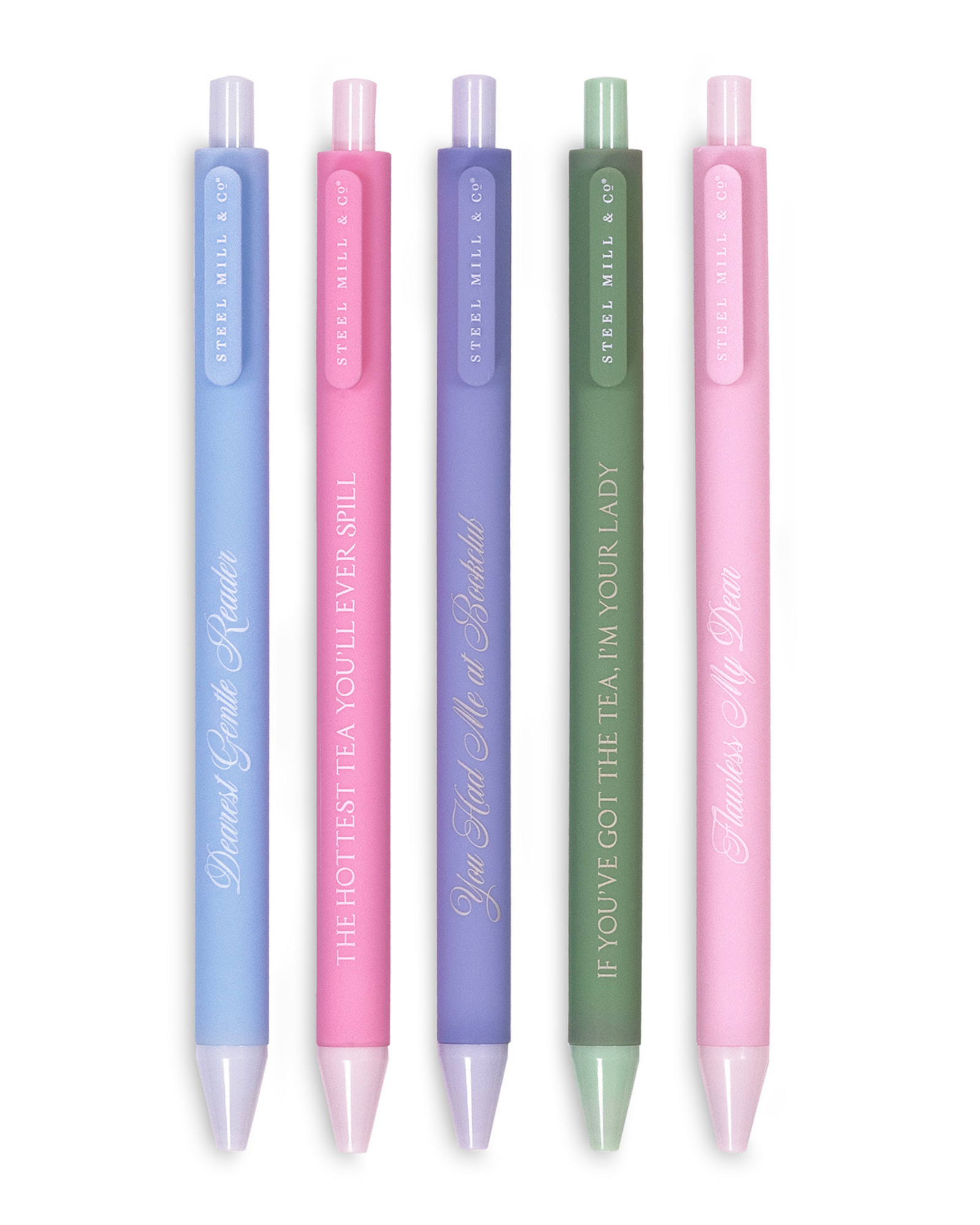 Five pastel-colored pens with different text designs on a white background