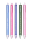 Five pastel-colored pens with different text designs on a white background