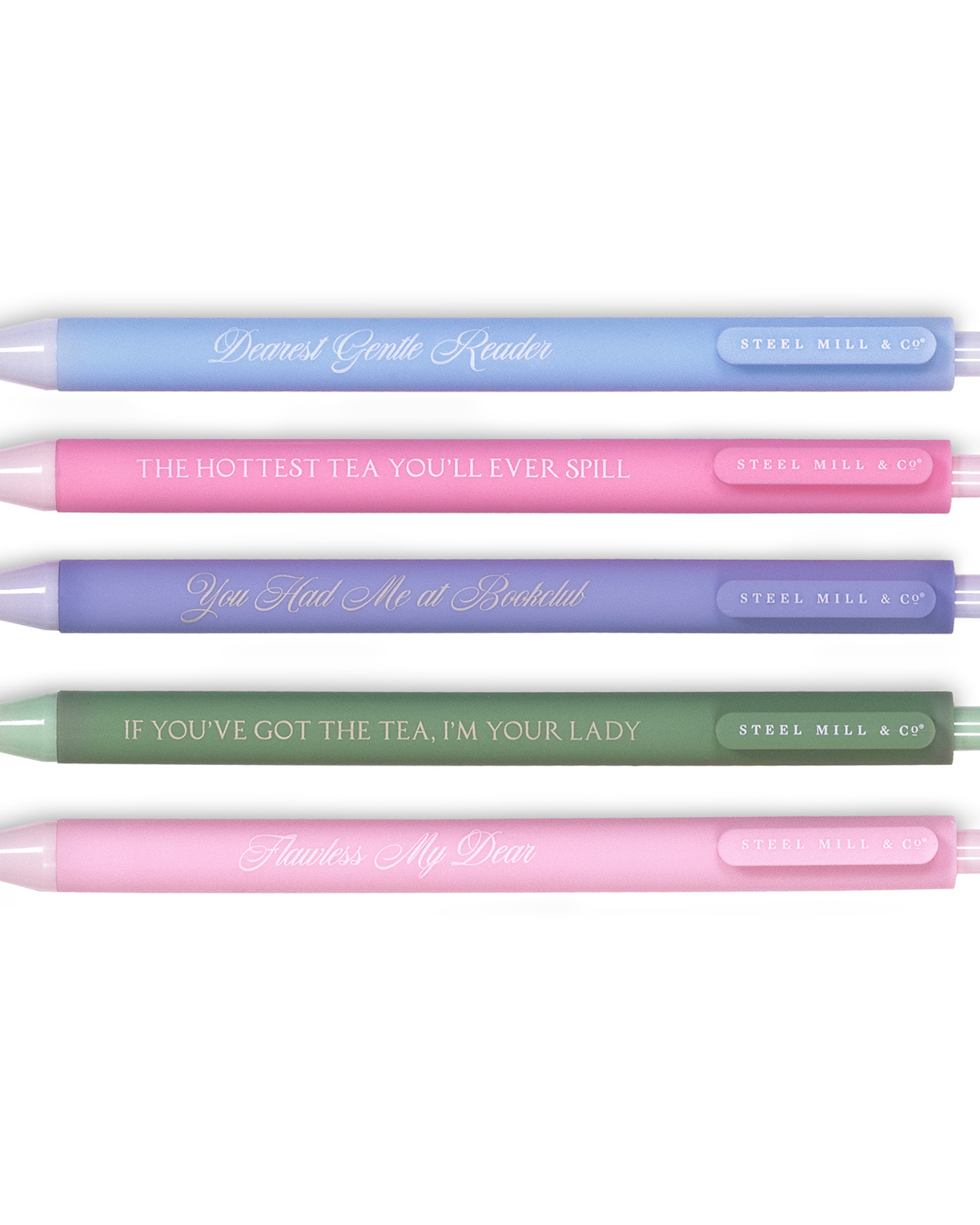 Set of five pastel-colored pens with humorous text on a white background