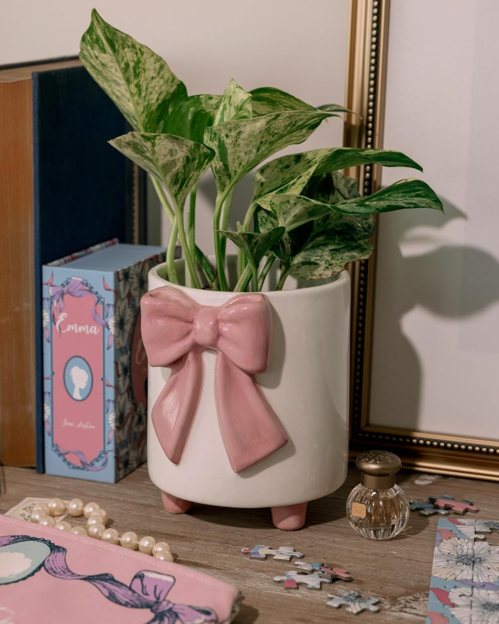 Potted plant with a pink bow on a table with books and a mirror in the background