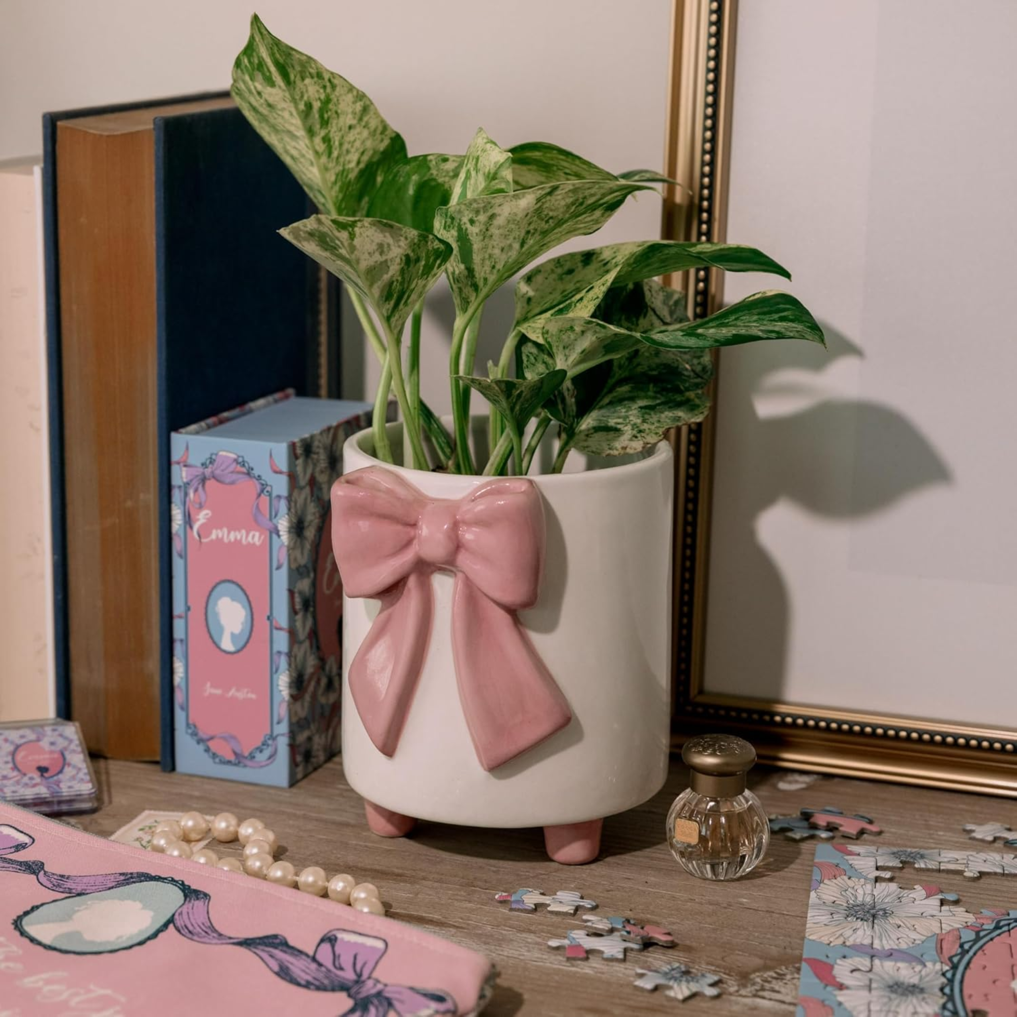 Potted plant with a pink bow on a table with books and a mirror in the background