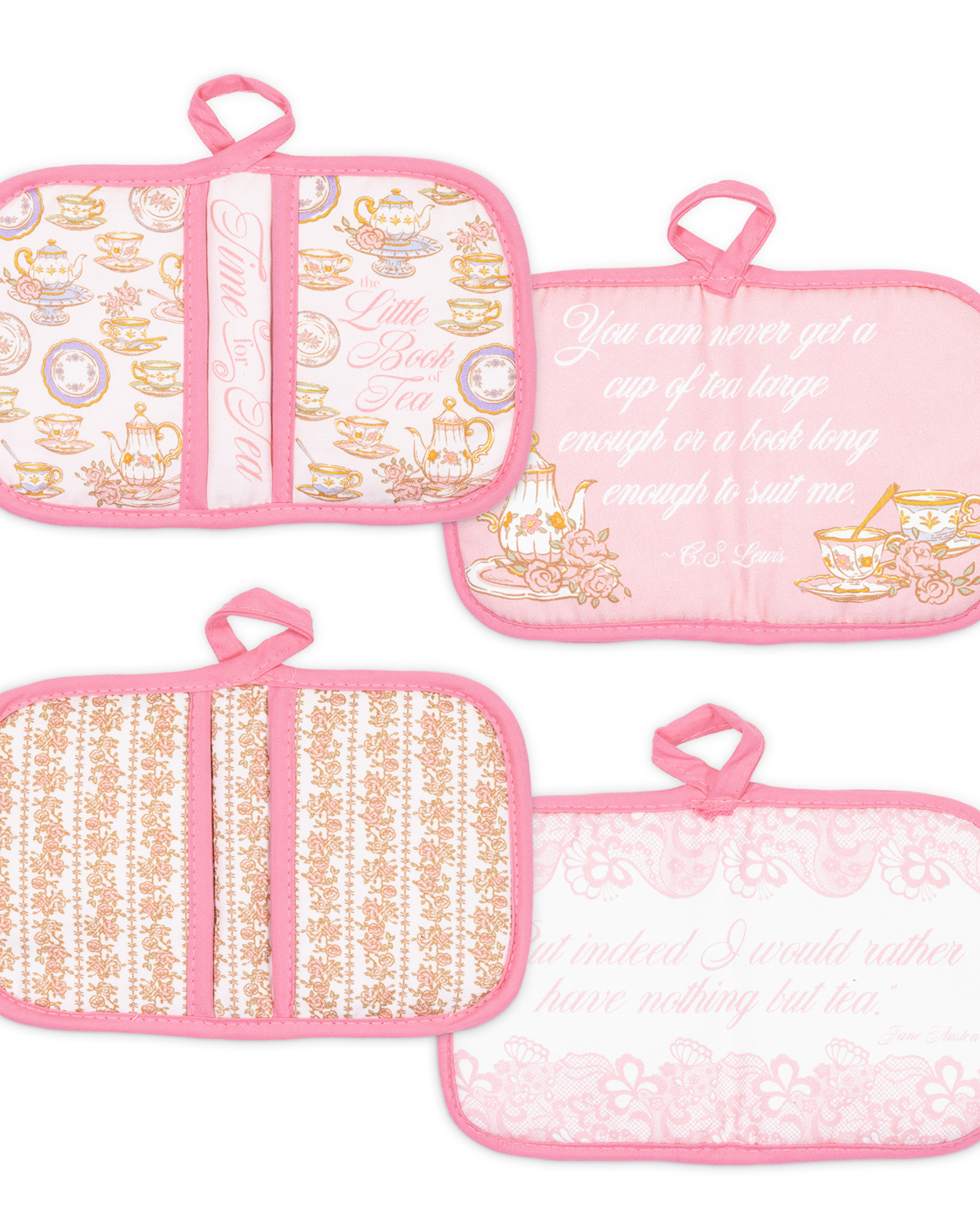 Set of pink pot holders with decorative patterns on a white background
