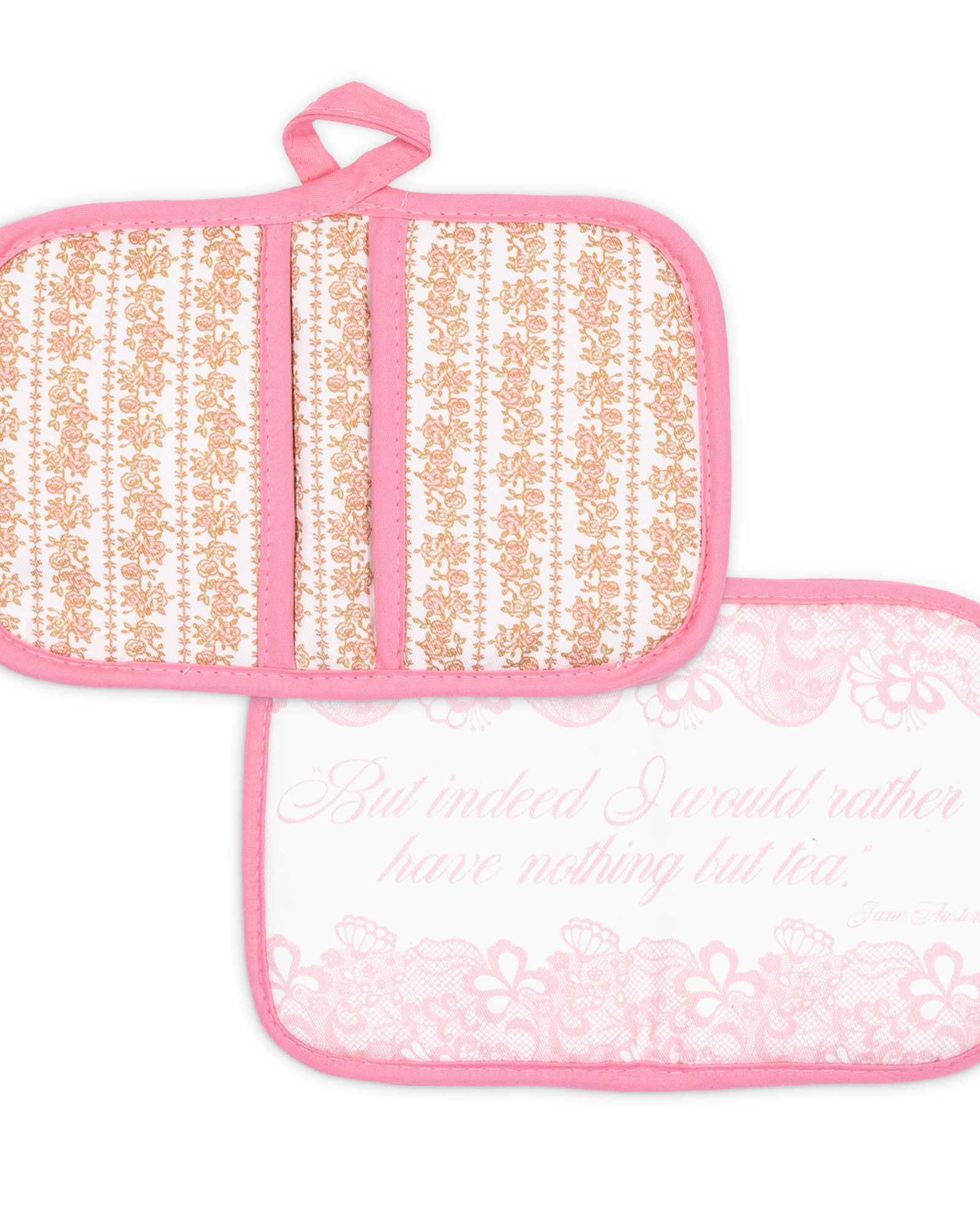 Two pink pot holders with floral patterns on a white background