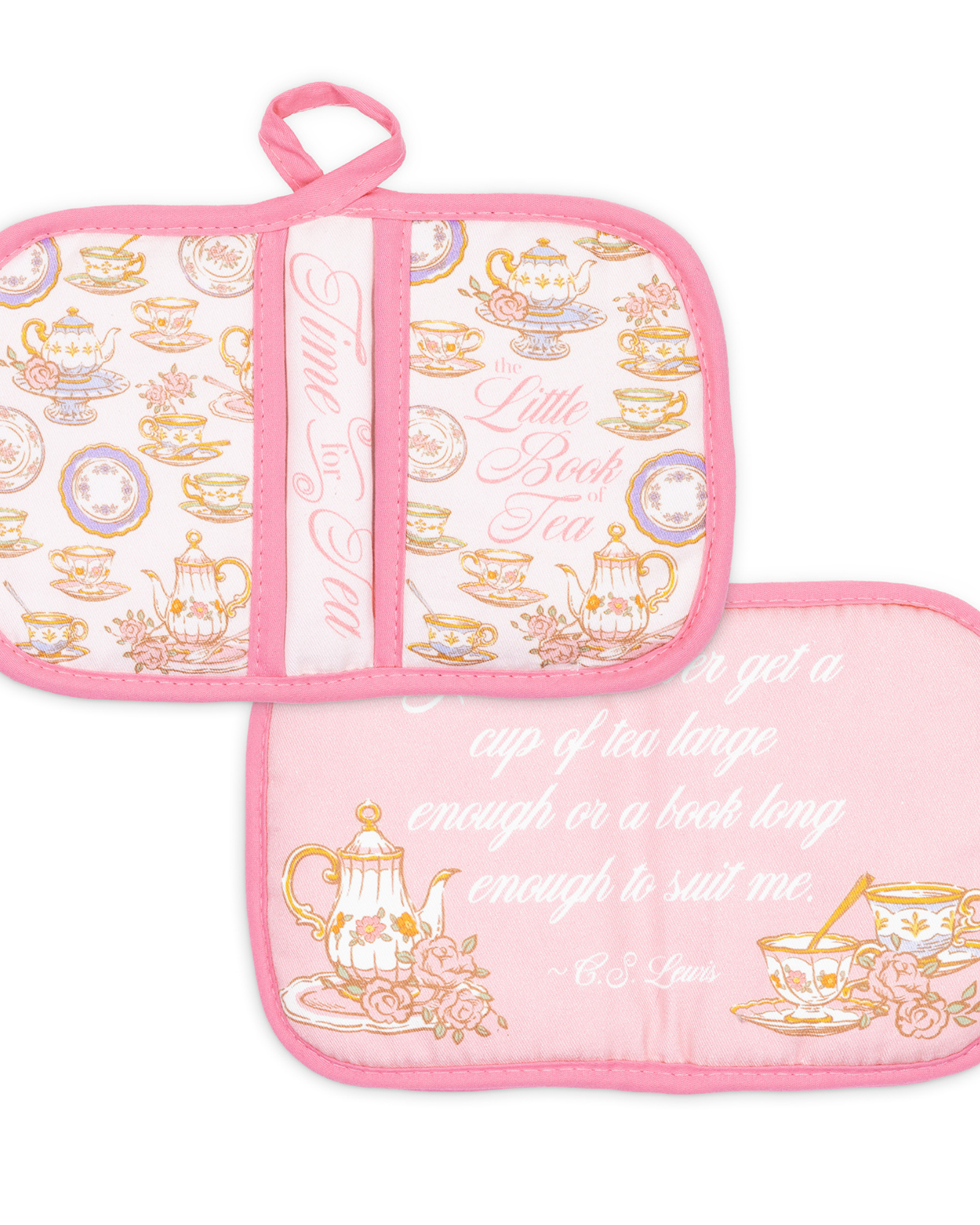Set of two pink pot holders with tea-themed designs on a white background