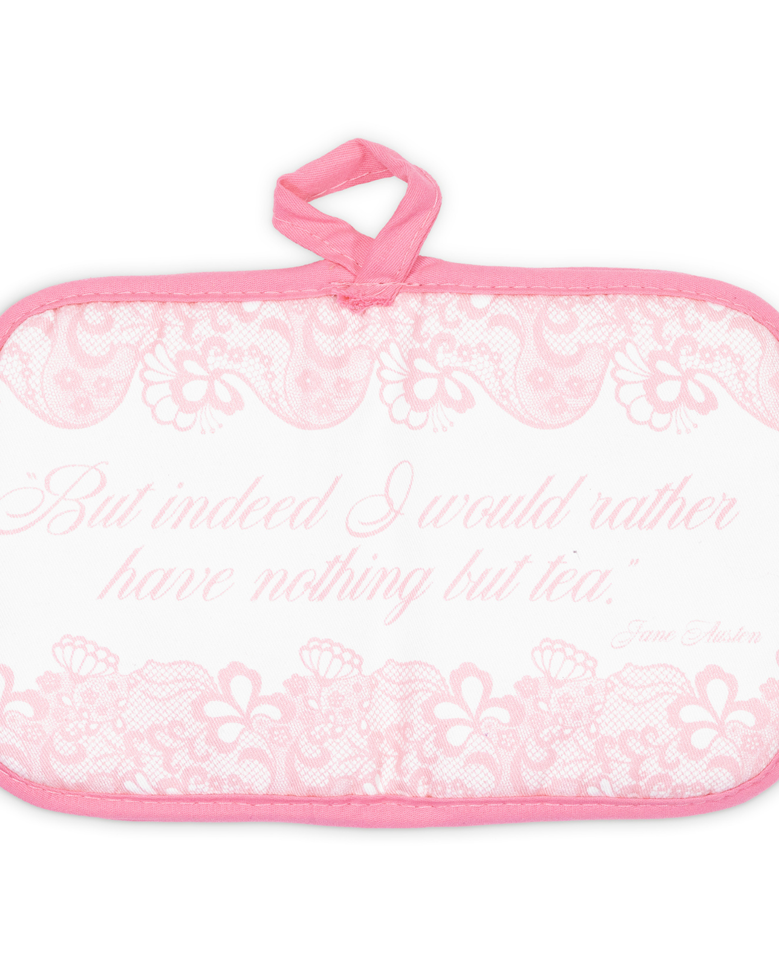 Pink lace potholder with text on a white background