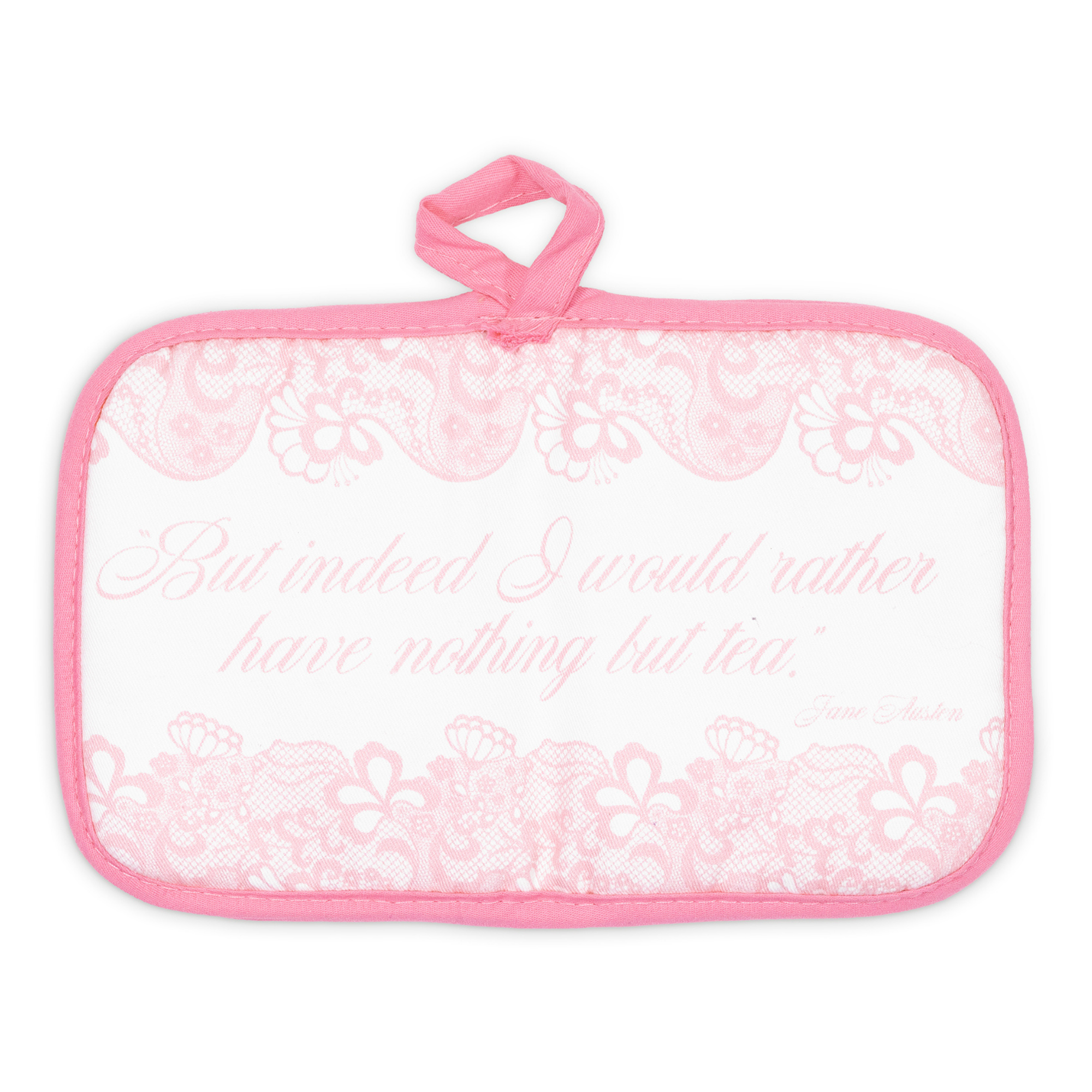Pink lace potholder with text on a white background