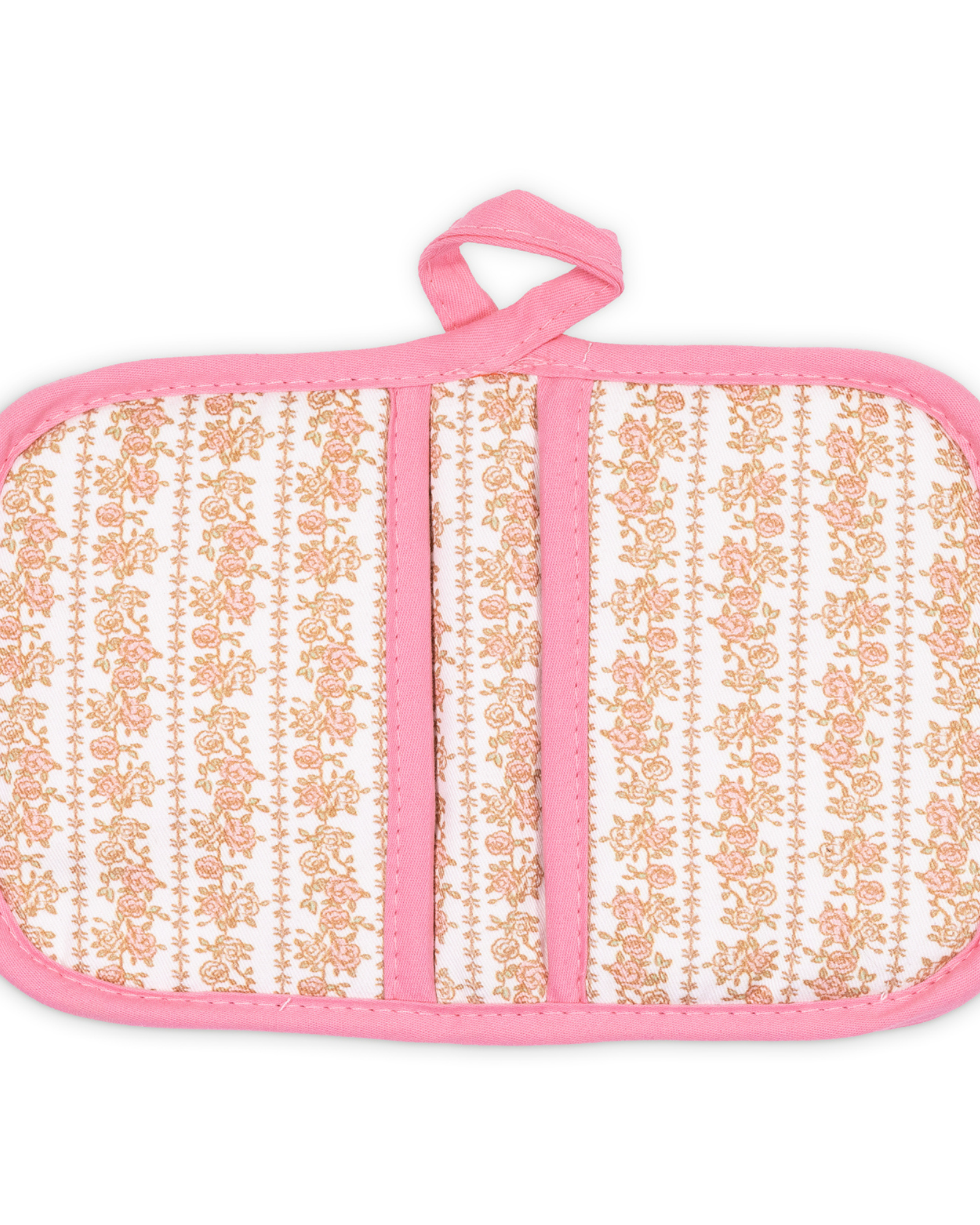 Pink pot holder with floral pattern on a white background