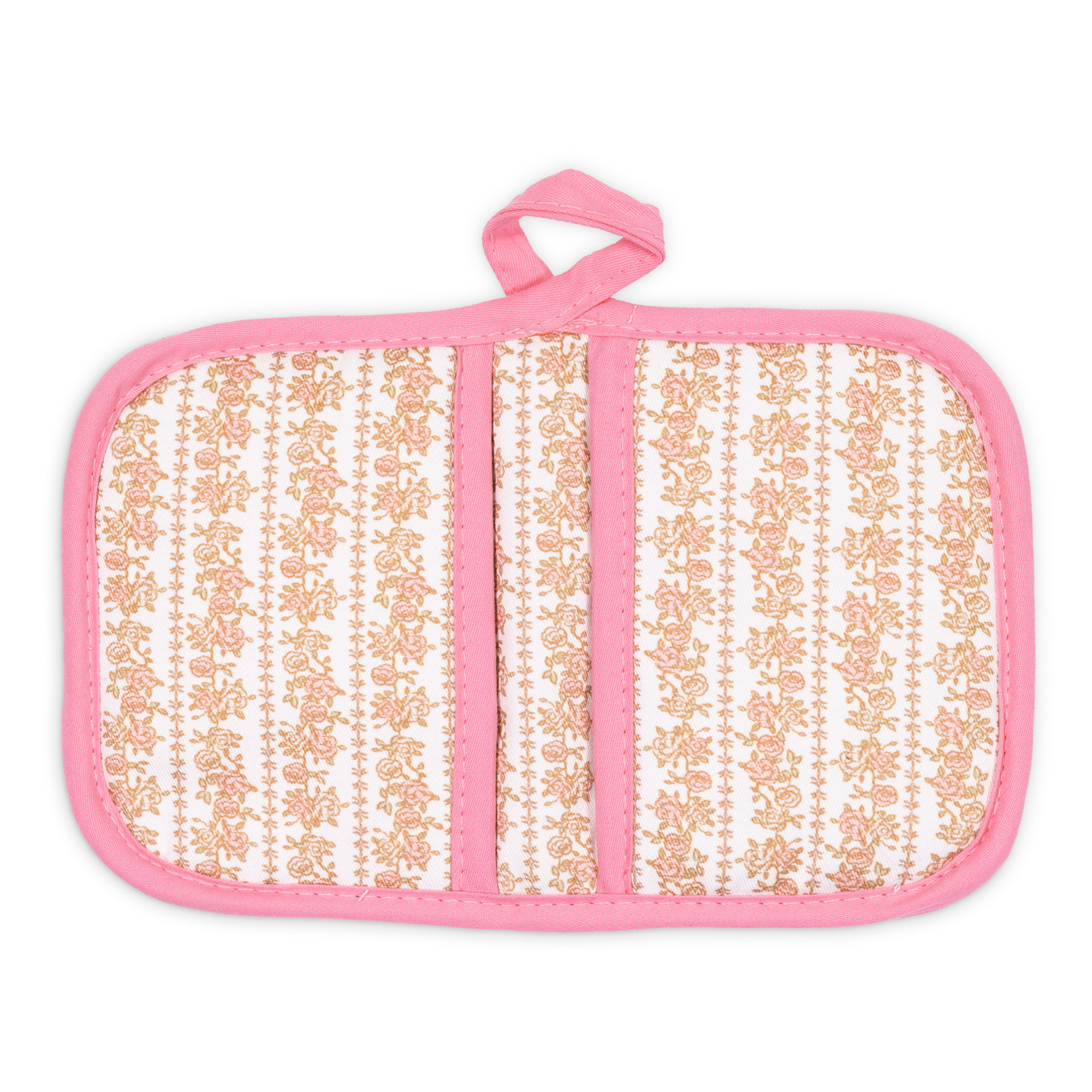 Pink pot holder with floral pattern on a white background