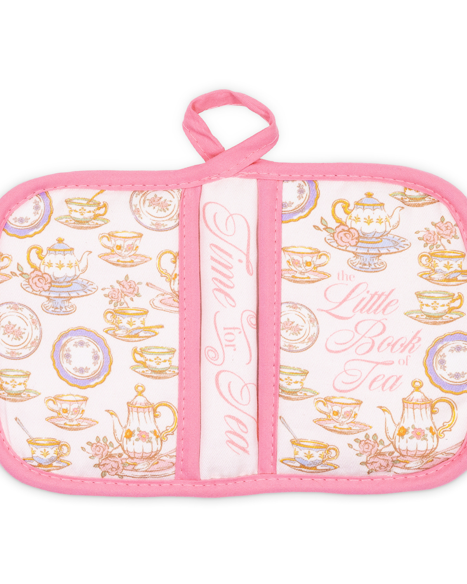 Pink pot holder with tea-themed design on a white background