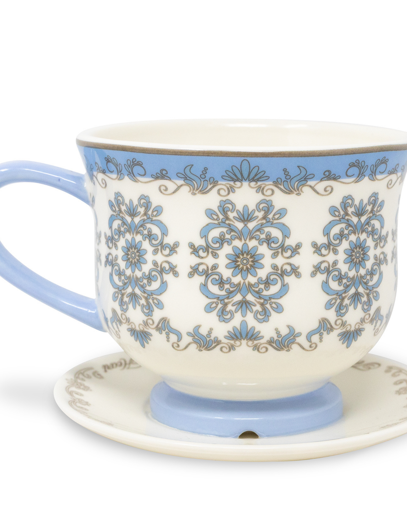 Ceramic cup with decorative blue patterns on a white background