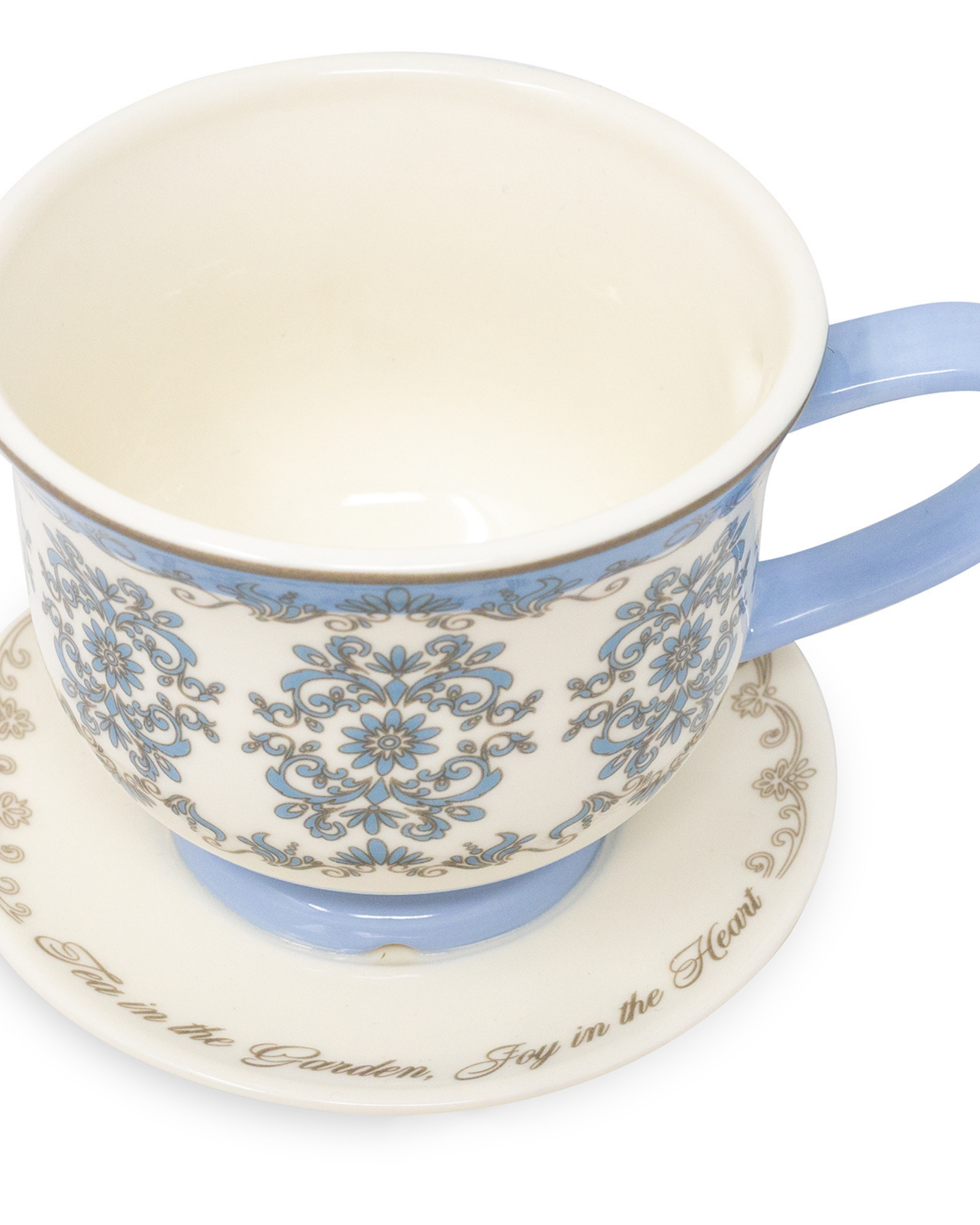 Ceramic cup with decorative blue patterns on a matching saucer with text, on a white background