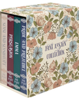 Floral-patterned box containing Jane Austen coasters on a white background