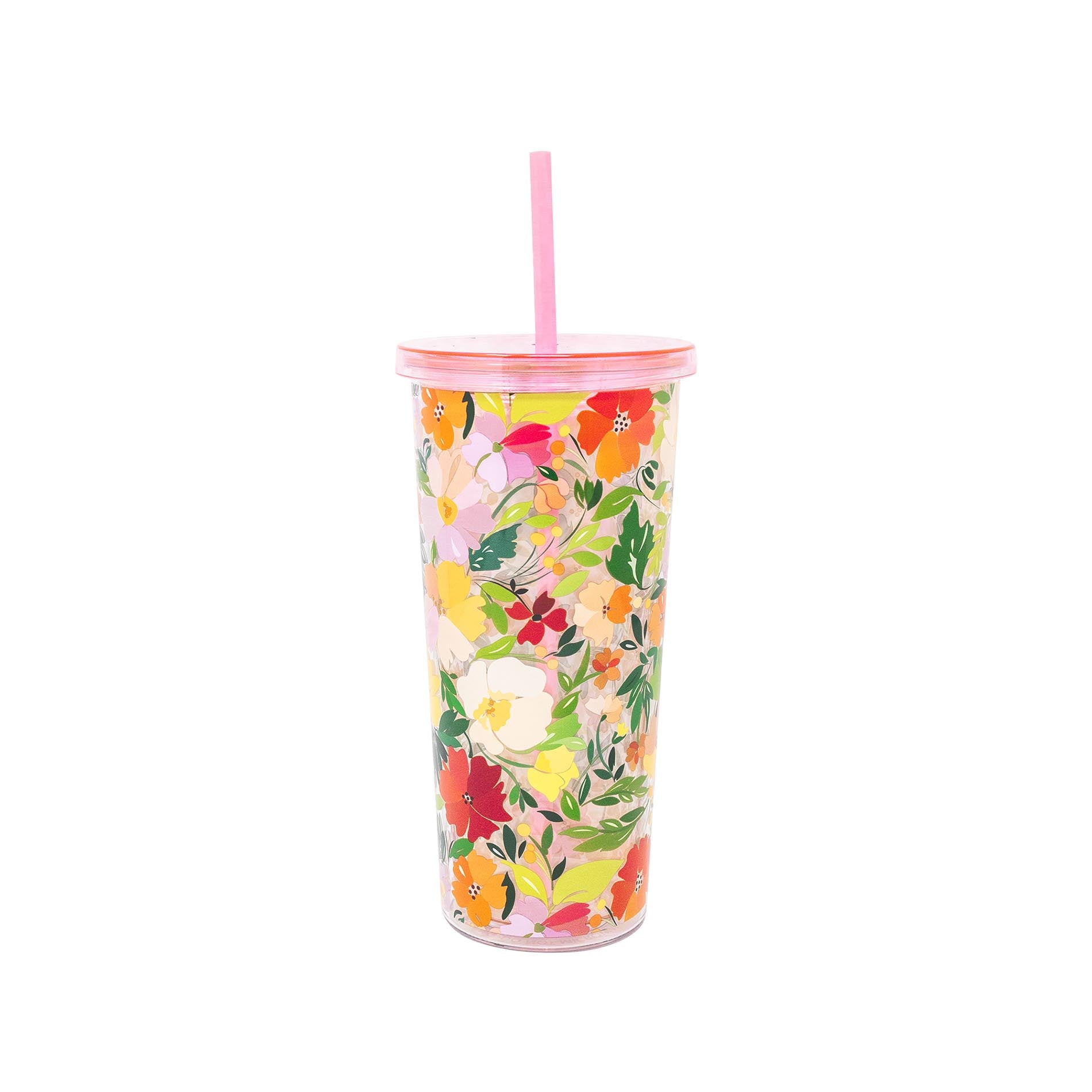 Floral-patterned tumbler with a pink lid and straw on a white background