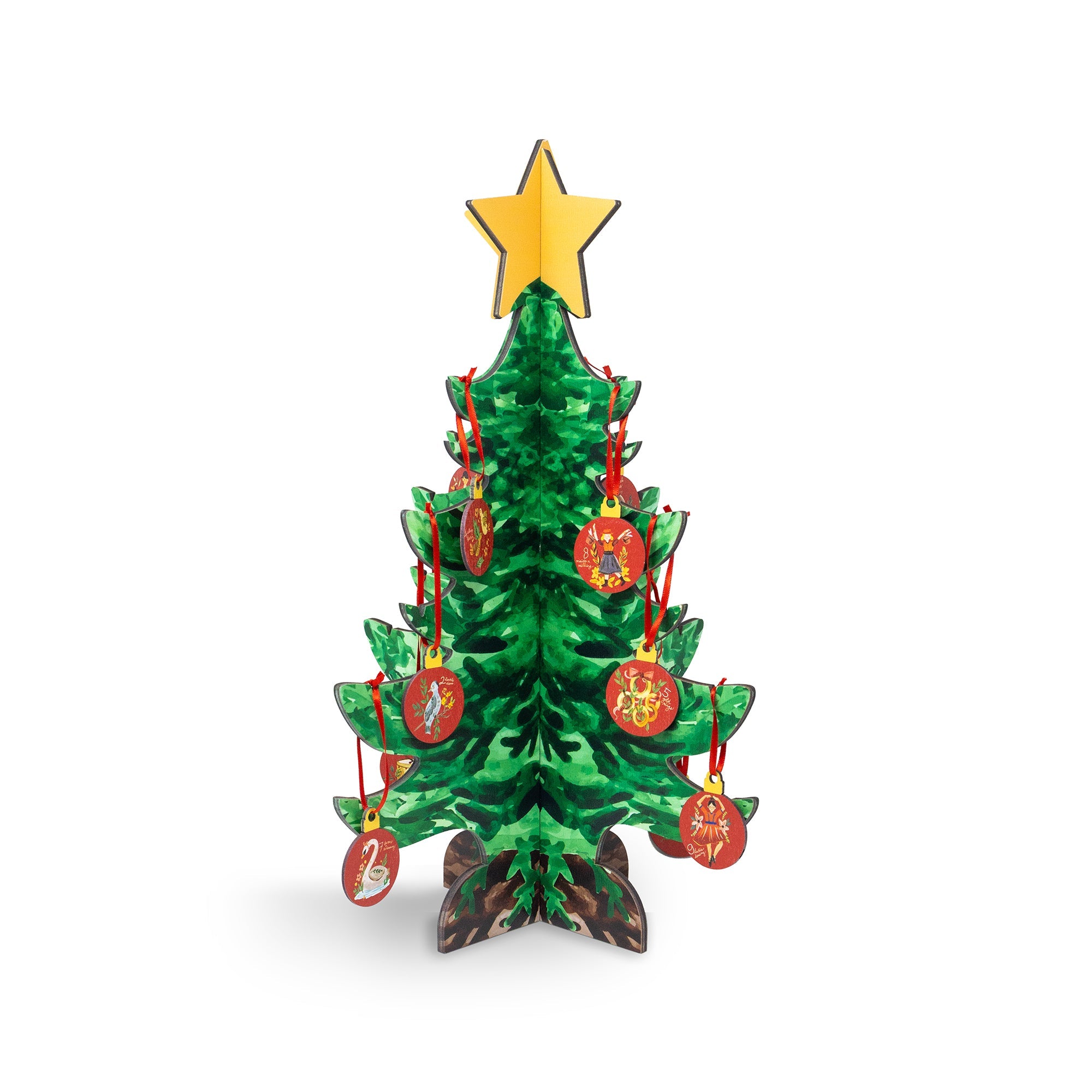 A green Christmas tree with a gold star on top, decorated with red and gold ornaments, shown on a white background.