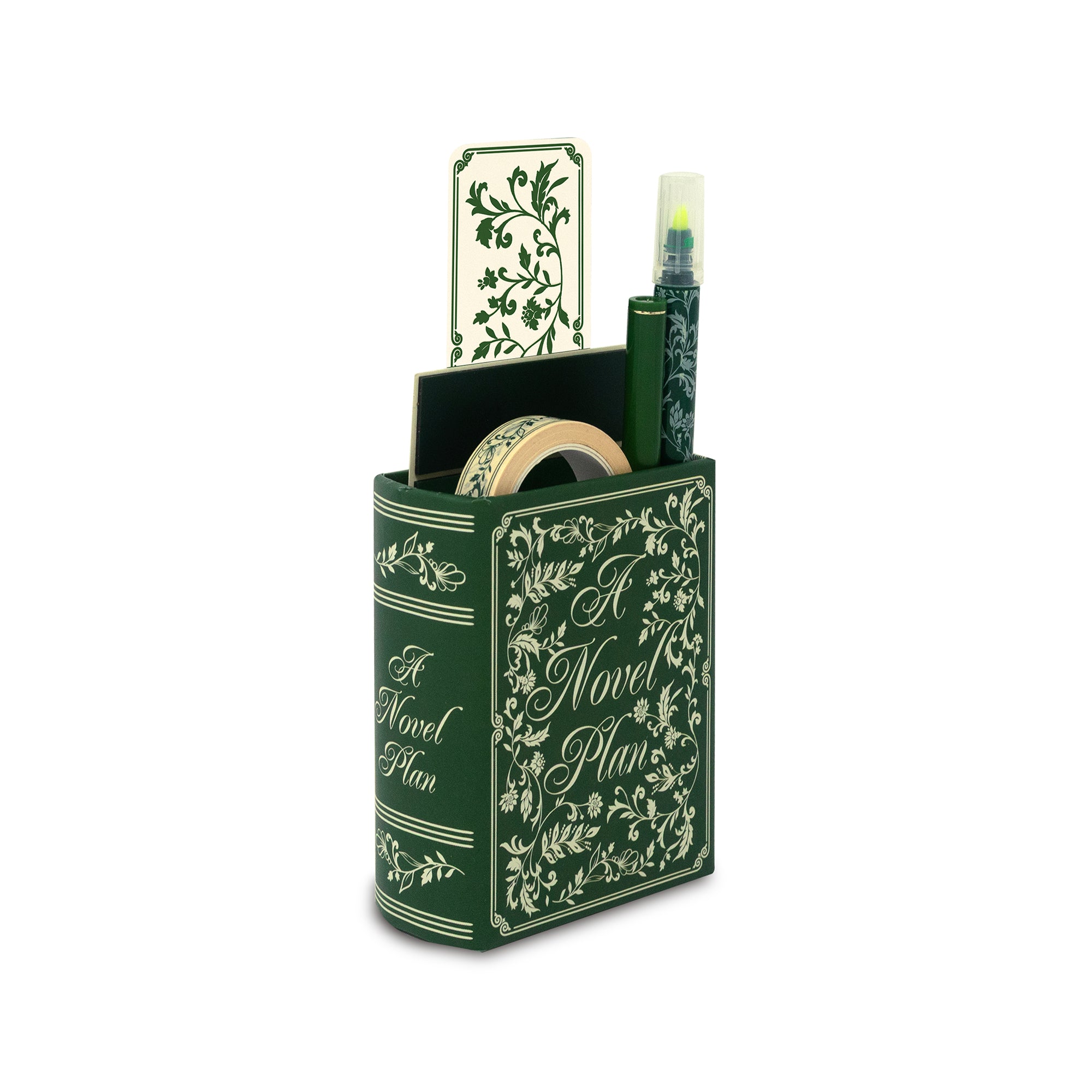 Green book-shaped desk organizer with stationery items on a white background