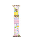 Floral patterned watch band with pink accents on a white background