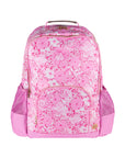 Pink floral patterned backpack on a white background