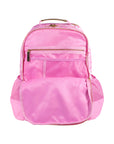 Pink backpack with gold zippers on a white background