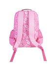 Pink floral backpack with ribbons on a white background