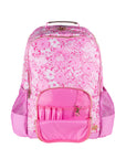 Pink floral-patterned backpack on a white background