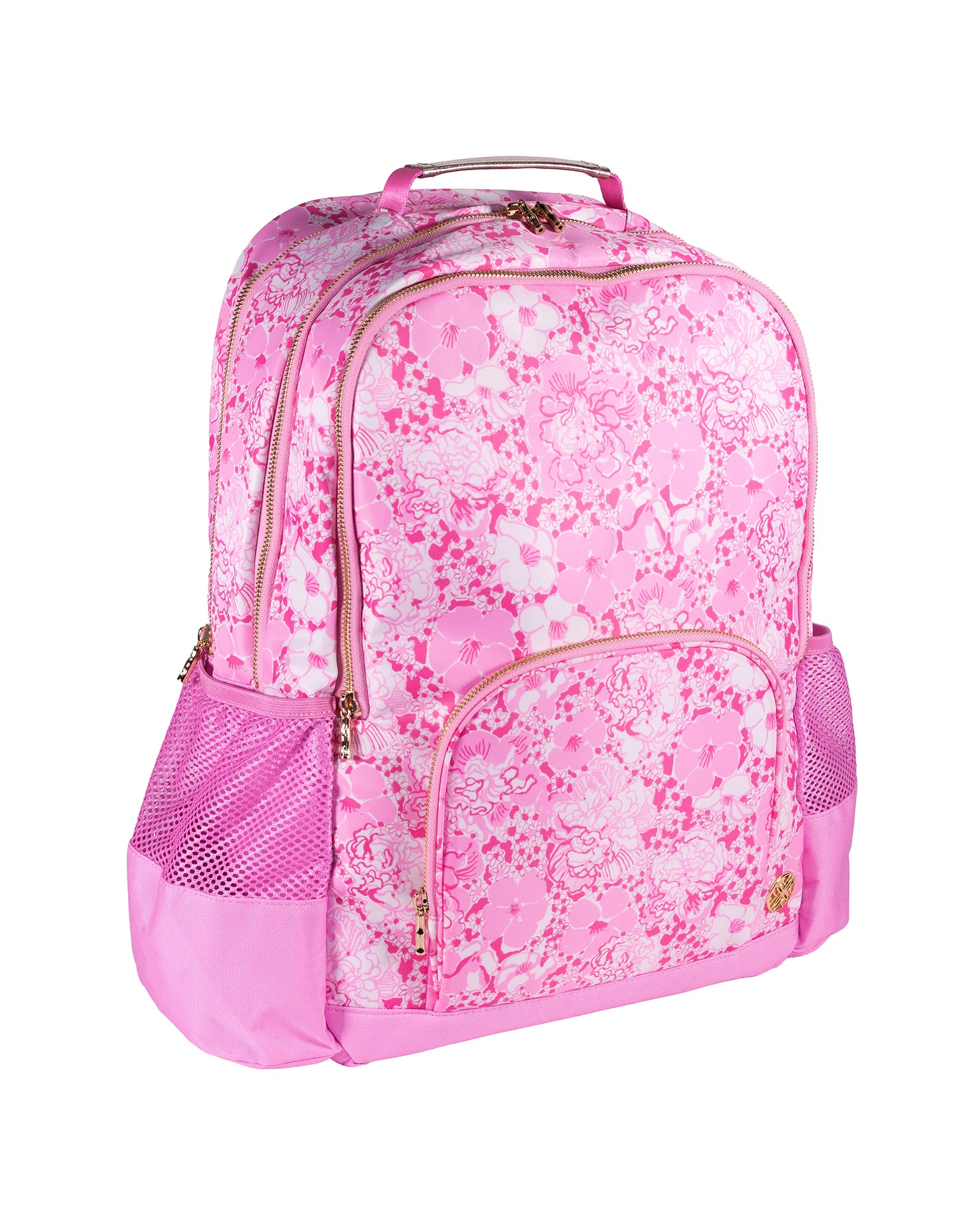 Pink floral patterned backpack on a white background