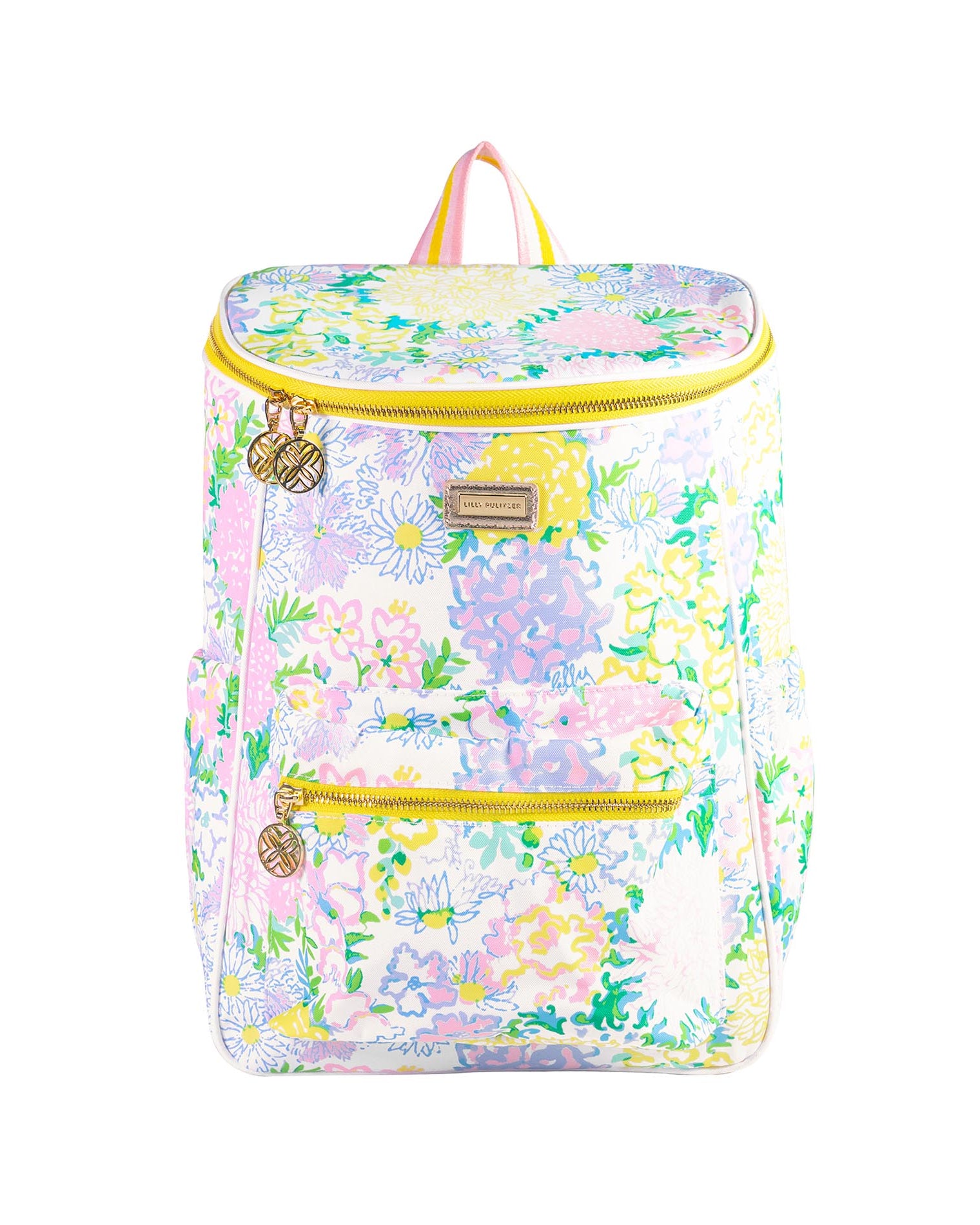 Floral-patterned backpack with yellow zippers on a white background