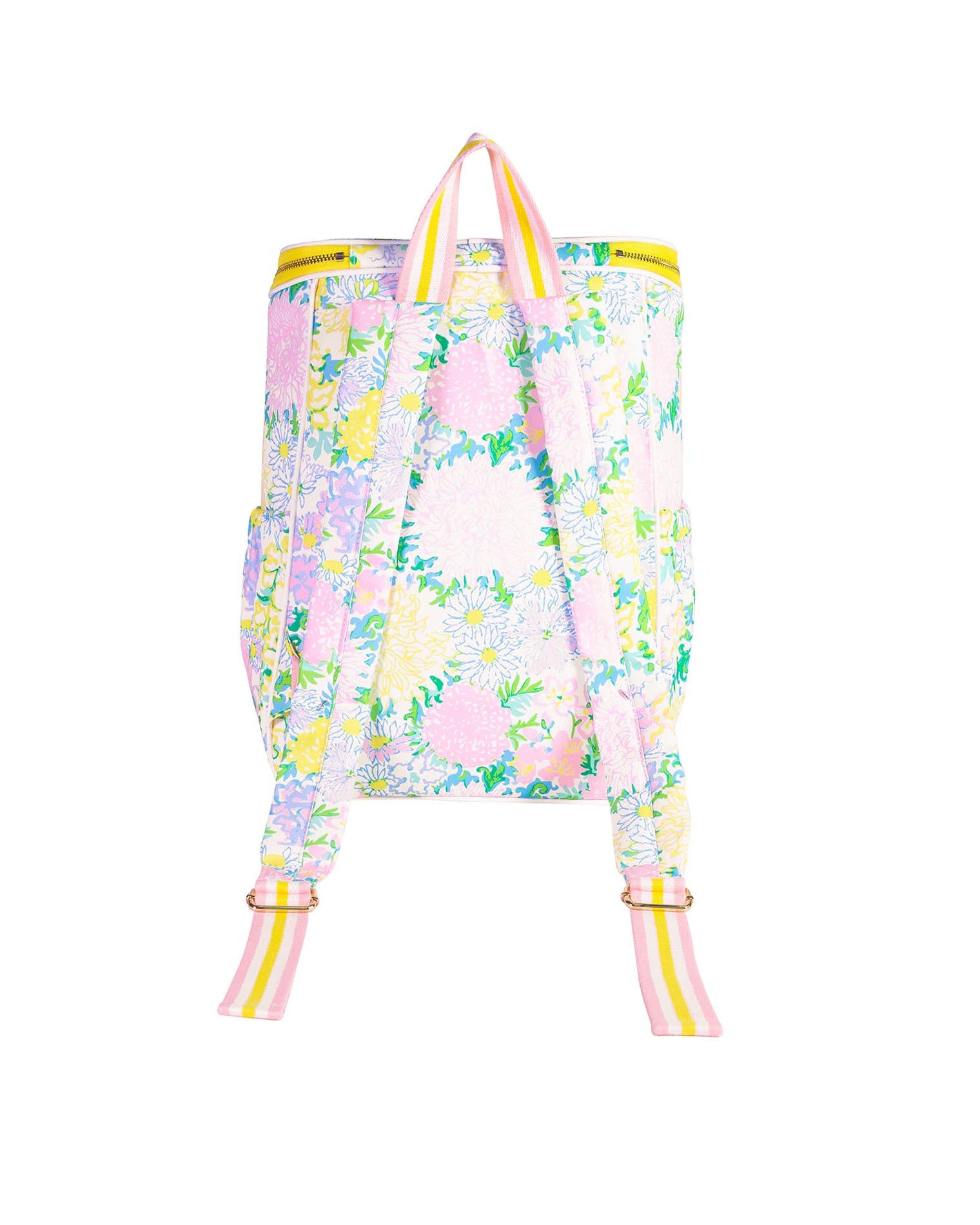 Floral-patterned backpack with colorful straps on a white background