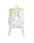 Floral-patterned backpack with colorful straps on a white background