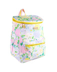 Floral-patterned cooler bag with yellow zippers on a white background