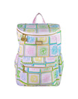 Colorful quilted backpack on a white background