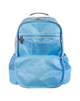 Light blue backpack with front pocket on a white background