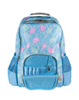 Blue backpack with pink and green shell pattern on a white background