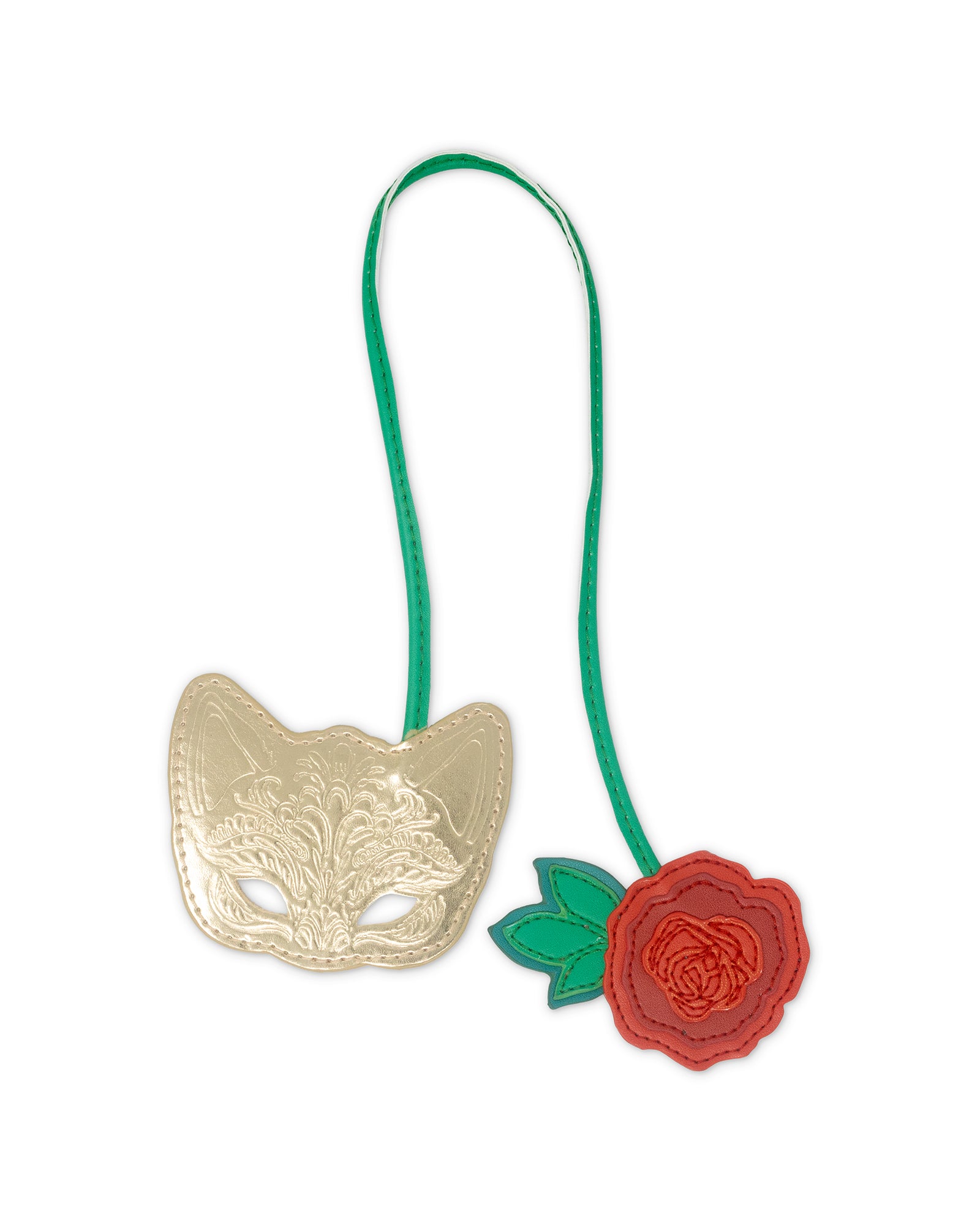 Gold mask with green strap and red rose on a white background