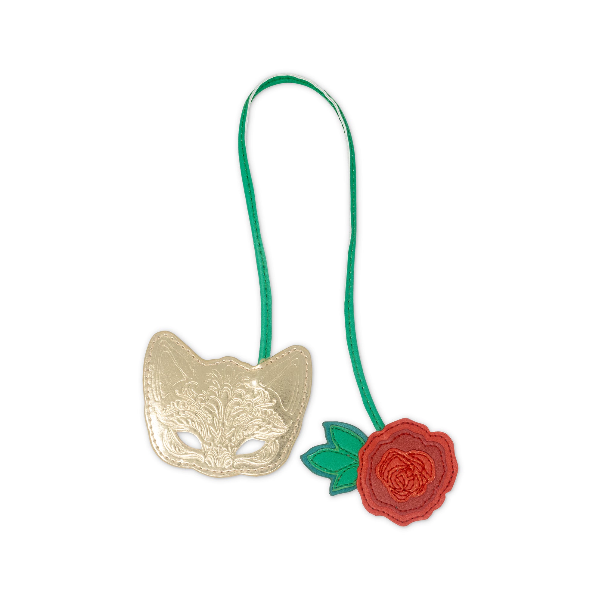Gold mask with green strap and red rose on a white background