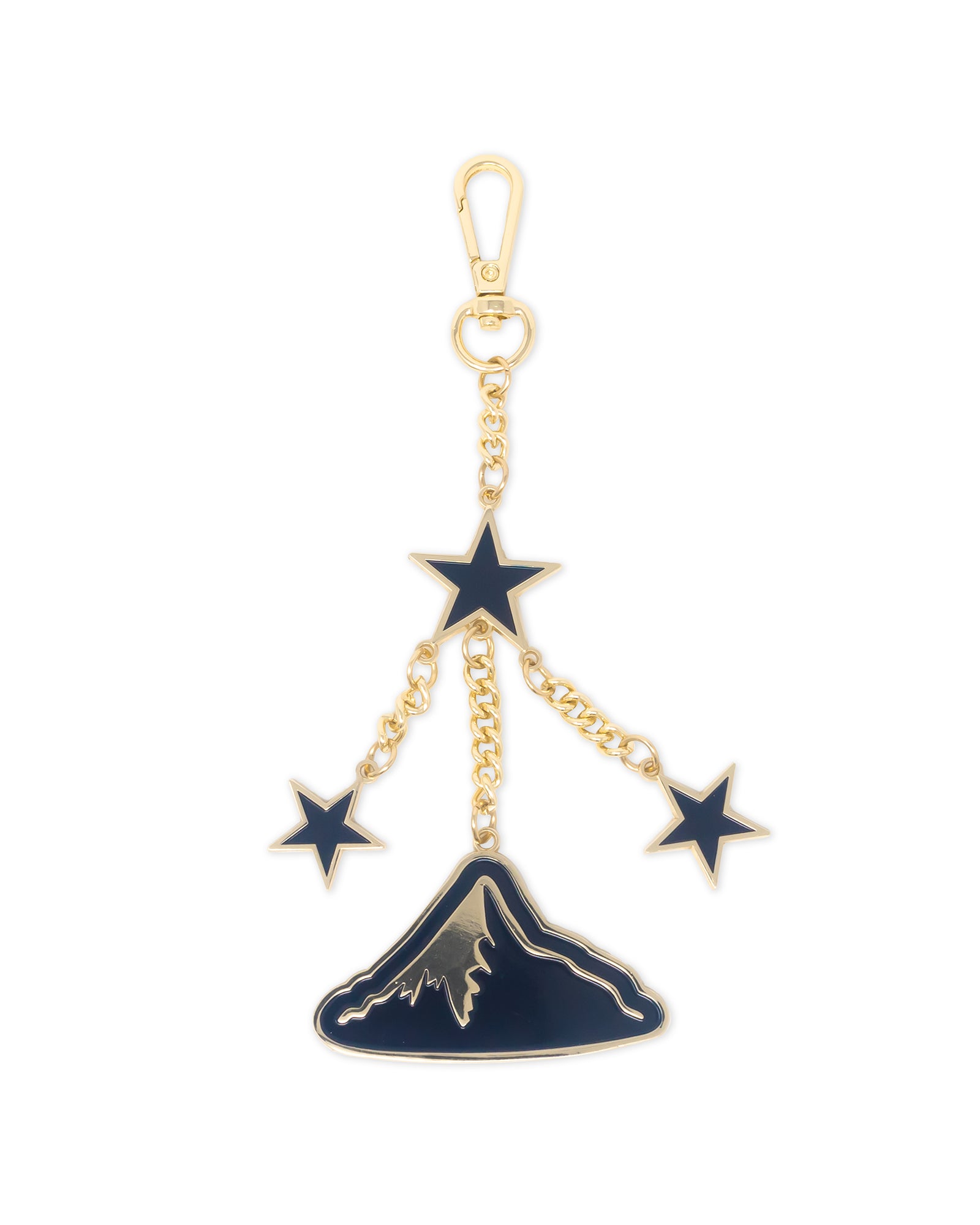 Keychain with mountain and star charms on a white background