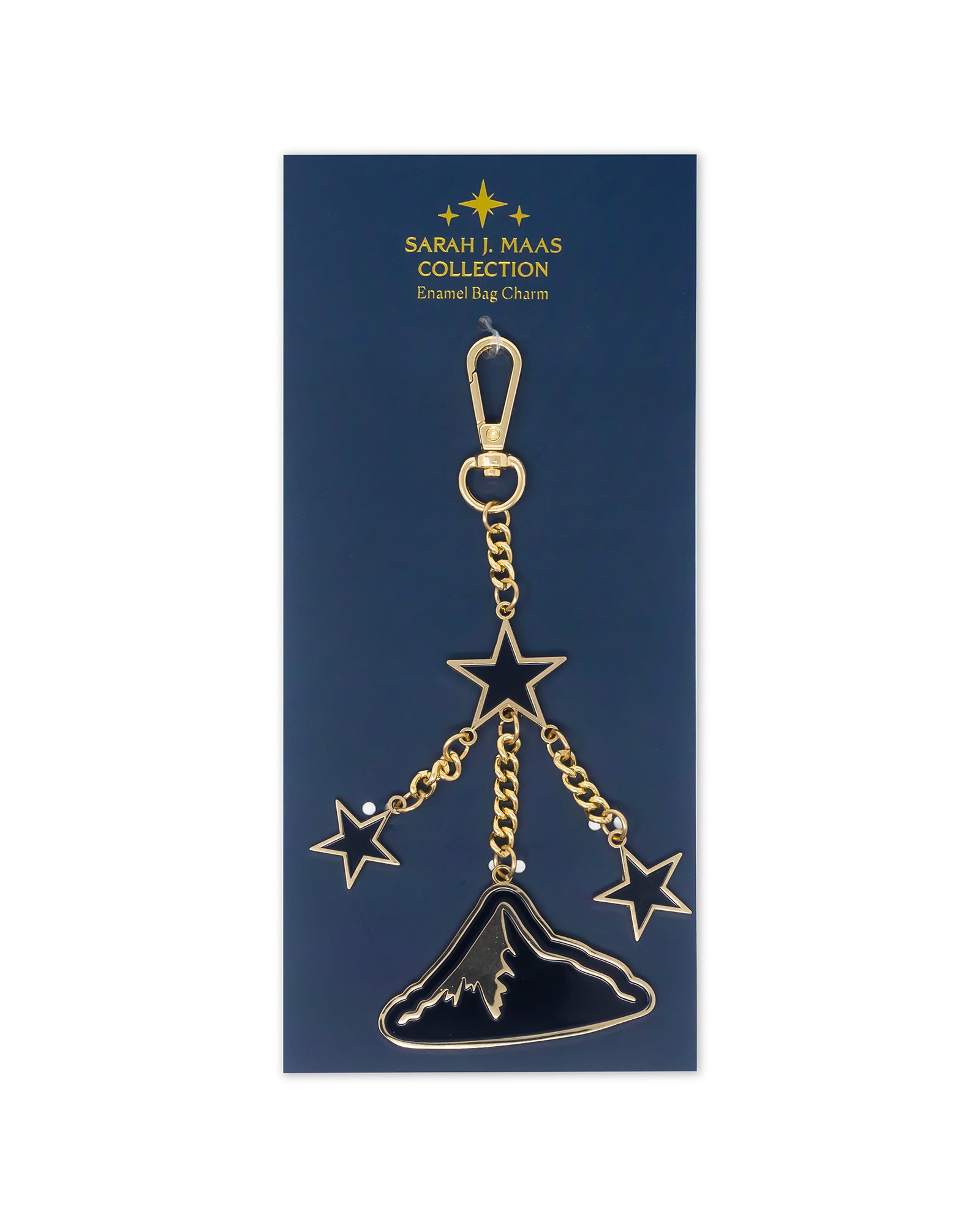 Gold star-shaped bag charm on a blue card with 'Sarah J. Maas Collection' branding.