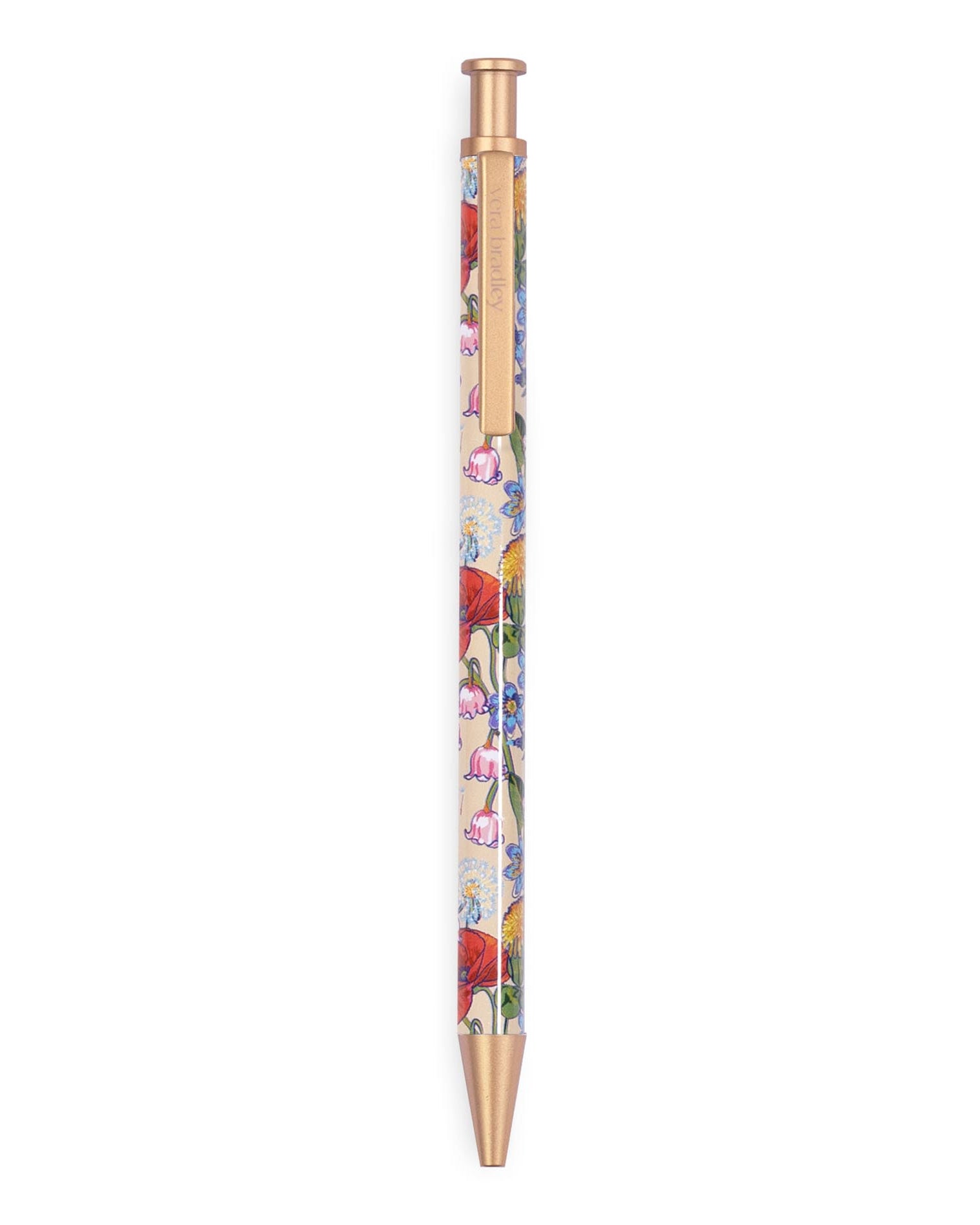 Floral-patterned pen with gold accents on a white background